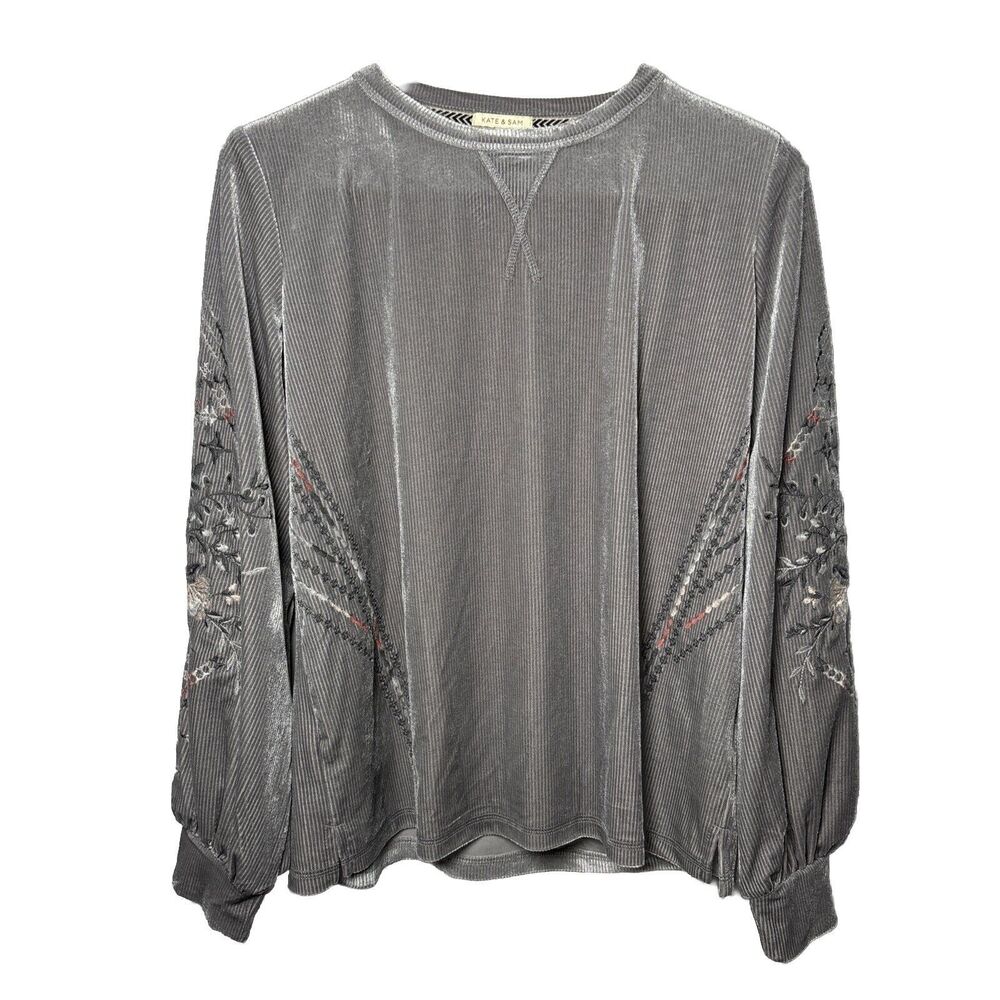 Kate & Sam Womens M Velvet Floral Embroidered Top Balloon Sleeves Cottagecore